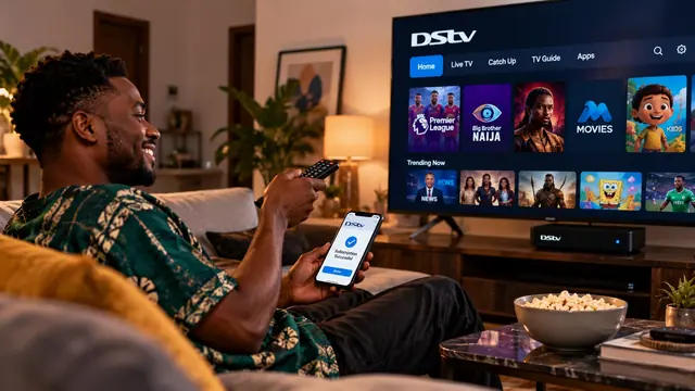 A man on a sofa holds a remote and a phone showing a DStv subscription, the DStv home screen on the television.