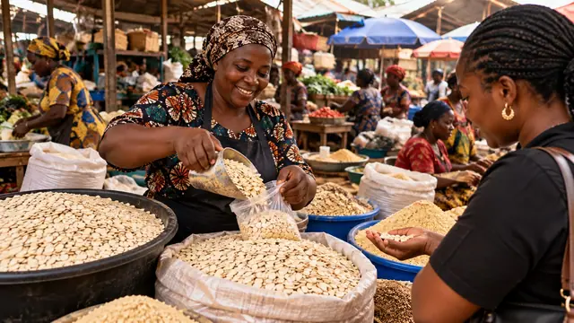 A trader scoops egusi seeds into a bag for a customer at a market stall.