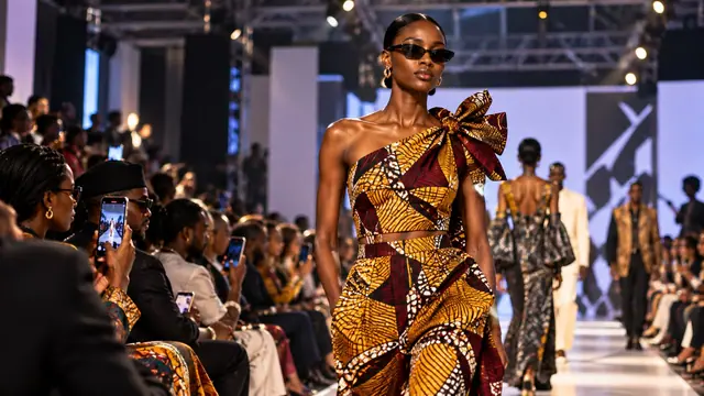 A model in a one-shoulder ankara outfit walks the runway as guests film on their phones.