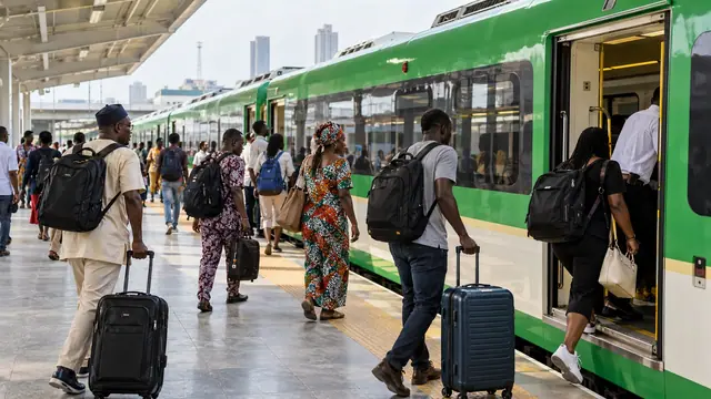 Passengers with luggage boarding a green train from a station platform.