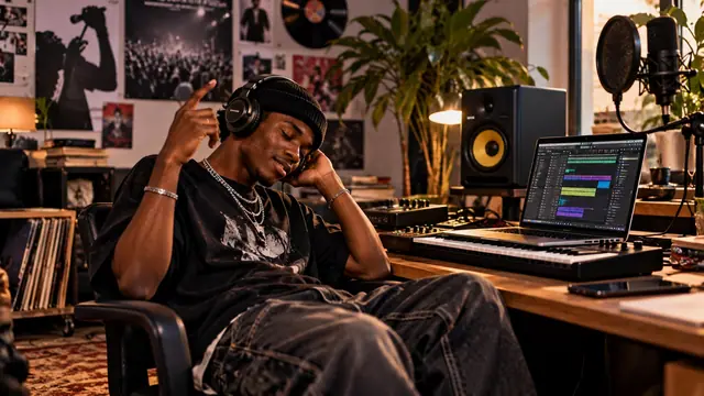 A young man in headphones listens with his eyes closed at a home music studio desk.