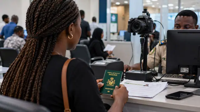 A woman holds a green Nigerian passport at an immigration counter, an officer and a biometric camera in front of her.