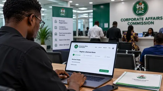 A man fills in a business-name registration form on a laptop in an office with Corporate Affairs Commission signs.