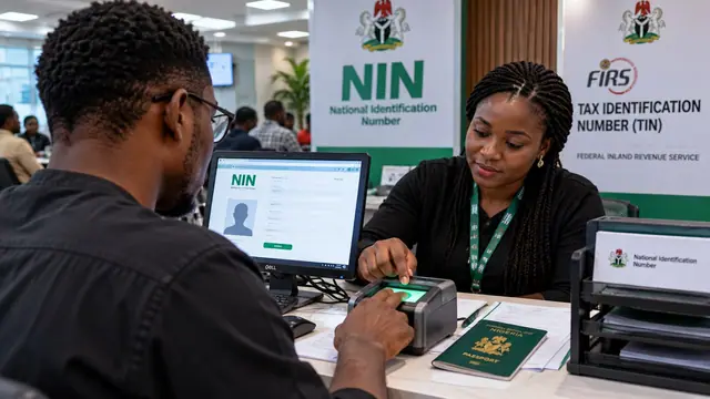 A man has his fingerprint scanned at an identity registration desk, with NIN and tax identification signs behind the officer.