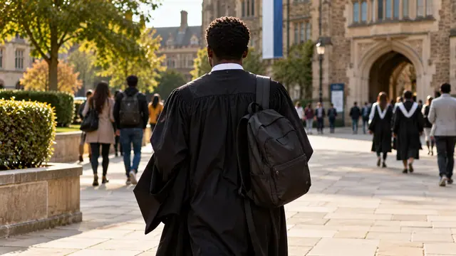 A graduate in a black gown with a backpack walks across a university campus, seen from behind.