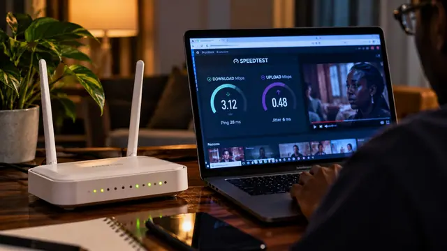 A white Wi-Fi router beside a laptop showing a slow internet speed test.
