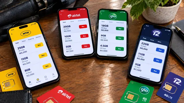 Four phones showing MTN, Airtel, Glo and T2 data-plan screens, with a SIM pack from each network on a wooden table.